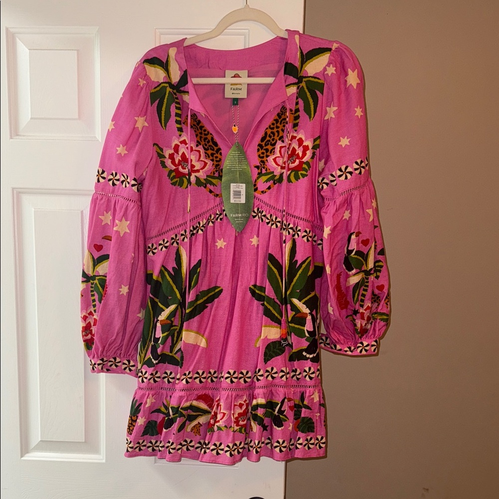 FARM Rio Pink Tropical Embroidered Dress